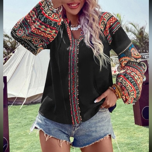 Boho Tribal Paisley Print Long Sleeve Top Blouse Shirt Black - Picture 3 of 6